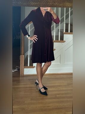 Talbots Deep Burgundy Velvet Midi Dress with Button Front